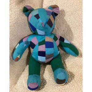 Vintage Quilt Patch Work Style Teddy Bear Multicolor Green Blue Handmade 17”